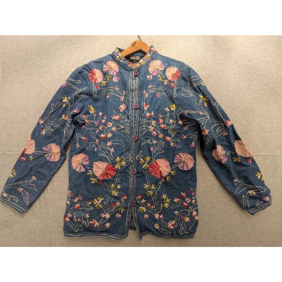Take Two Clothing Denim Jacket Women's Small Blue Floral Embroidered Button Down - Picture 1 of 9